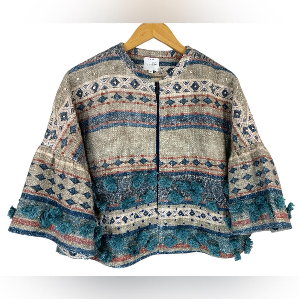 Anthropologie TRYB Kuta Textured Kimono Jacket In Blu Motif Size Small NWOT - Picture 5 of 16